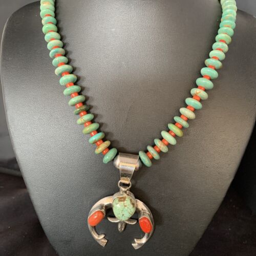 Navajo Pearl Royston Turquoise Coral Necklace with Naja Pendant | Sterling Silver | 13758