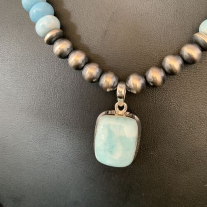 Men's Navajo Sterling Silver Necklace | Blue Larimar Pendant 10mm | Natural | 14003