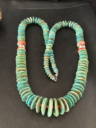 Navajo Turquoise & Red Spiny Oyster Necklace | Sterling Silver | Authentic Native American | 32" | 14361