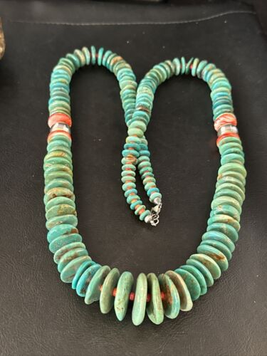 Navajo Turquoise & Red Spiny Oyster Necklace | Sterling Silver | Authentic Native American | 32" | 14360