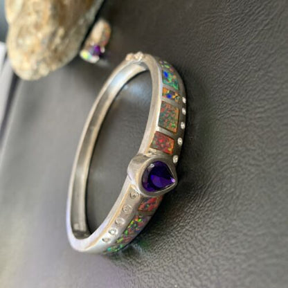Navajo Sterling Silver Bracelet with Opal and Amethyst | 7" | Ring Sz 6 | Native American Handmade | 13120