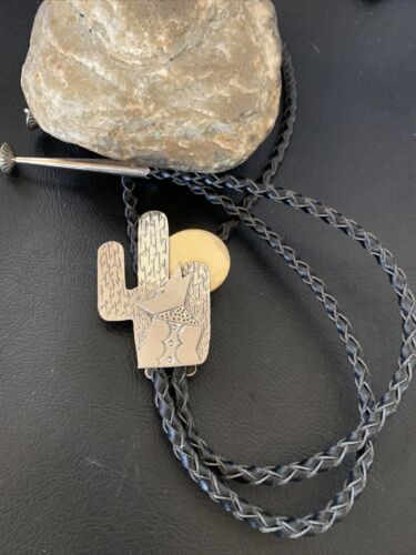 Navajo Howling Coyote Moon Bolo Tie | Sterling Silver | Authentic Native American Handmade | 12147