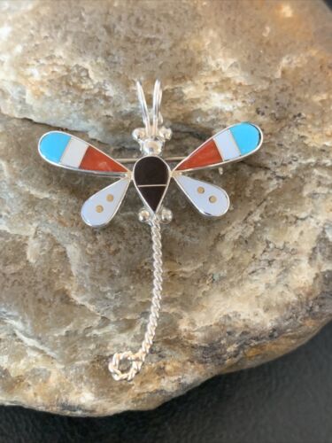 Zuni Turquoise Mother of Pearl Inlay Dragonfly Necklace Pin Pendant | Sterling Silver | 12317