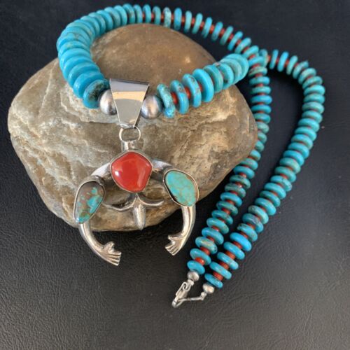 Navajo Sterling Silver Necklace with Blue Turquoise & Coral Naja Pendant | 13746