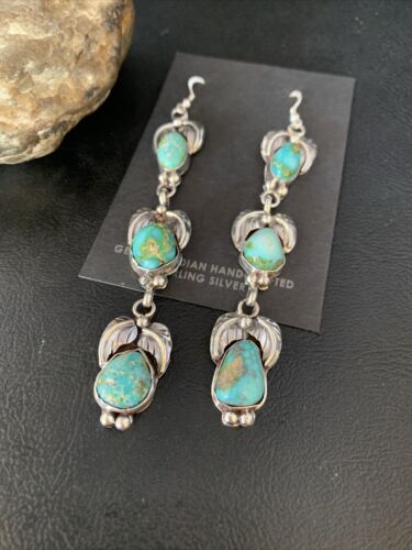 Navajo Green Turquoise Earrings | Sonoran Gold | Sterling Silver | 3 Dangle | Authentic Native American Handmade | 13925