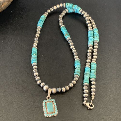 Navajo Blue Turquoise Cluster Pendant Necklace | Sterling Silver | 21" | Authentic Native American Handmade | 12578