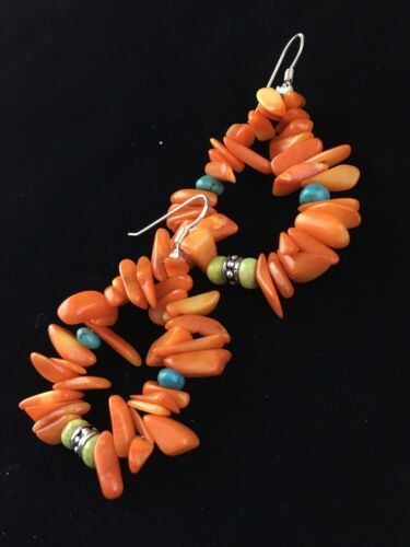 Navajo Orange Coral Turquoise Earrings Set | Sterling Silver | Authentic Native American Handmade | 1784