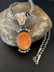 Navajo Orange Spiny Oyster Pendant Necklace | Sterling Silver | Authentic Native American Handmade | 13082