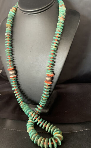 Navajo Green Turquoise & Spiny Oyster Necklace | Sterling Silver | Authentic Native American | 26" | 13908