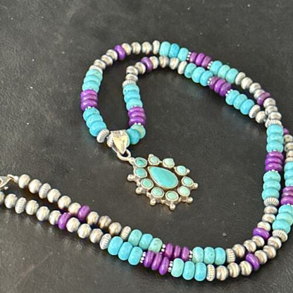 Blue Turquoise Sugilite Multi-Stone Necklace Pendant | Navajo Sterling Silver | 14640