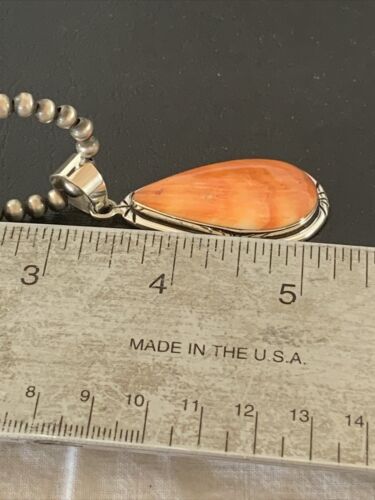 Navajo Men's Orange Spiny Oyster Pendant Necklace | Sterling Silver | Authentic Native American Handmade | 01760