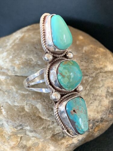 Navajo Sterling Silver Turquoise Ring | Authentic Native American Multi-Stone | Sz 11 | Blue Green | 2125