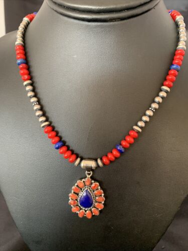 Navajo Red Stabilized Coral Lapis Necklace Cluster Pendant | Sterling Silver | Multi-Stone | 10633