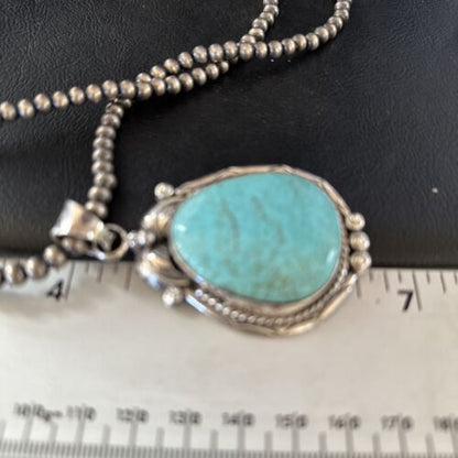 Navajo Blue Turquoise #8 Pendant Necklace | Sterling Silver | Authentic Native American Handmade | 14311