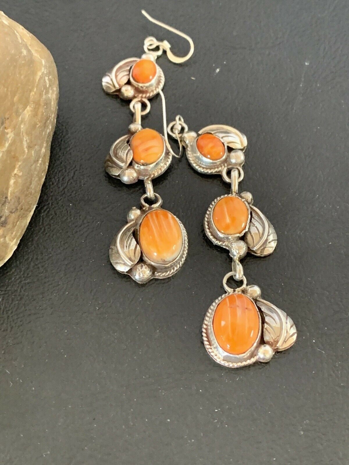 Stunning Handmade Navajo Orange Spiny Oyster Dangle Earrings | Sterling Silver | Authentic Native American | 1226