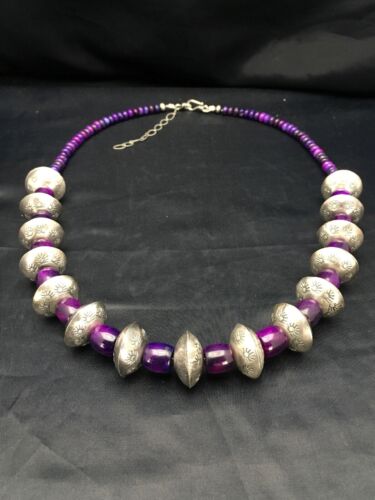 Navajo Sugilite Necklace | Sterling Silver Stamped Beads | 22" | Authentic Native American Handmade | 2702
