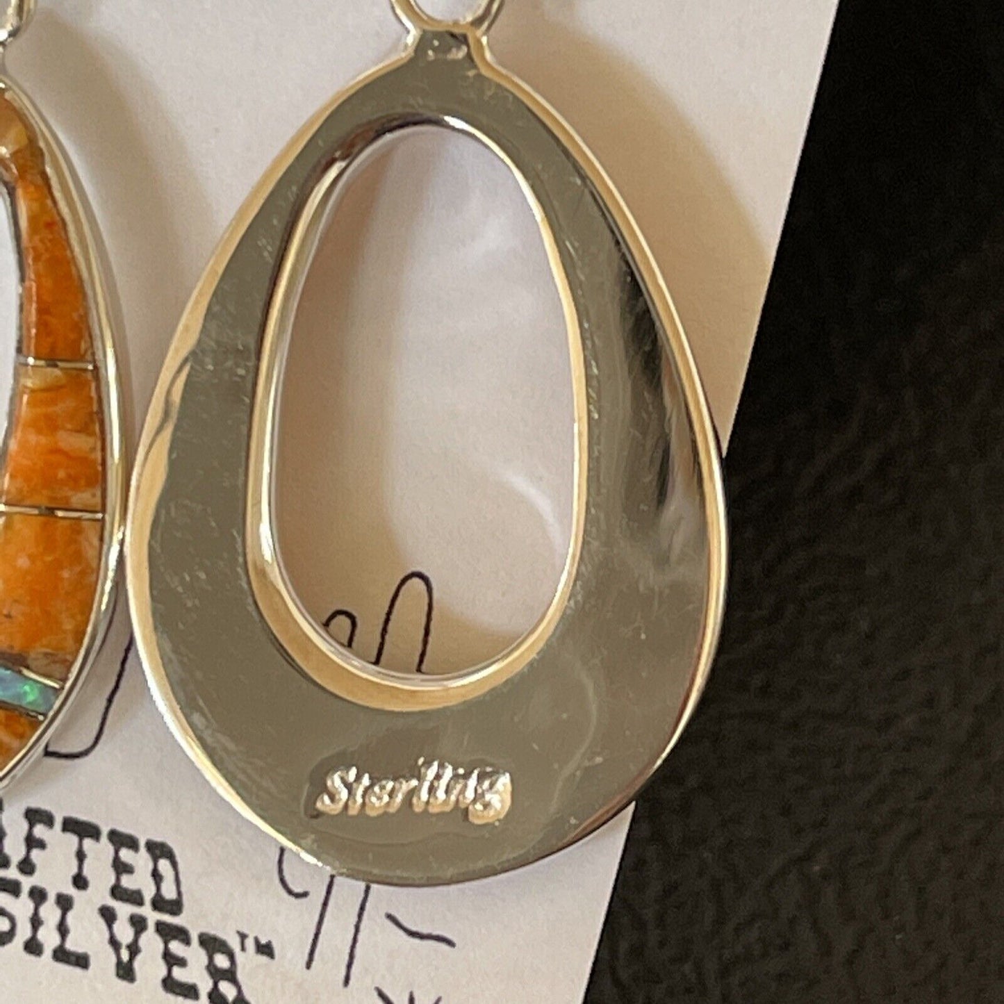 Navajo Sterling Silver Opal Orange Spiny Oyster Inlay Dangle Earrings | Authentic Native American Handmade | 1545 - Masha USA