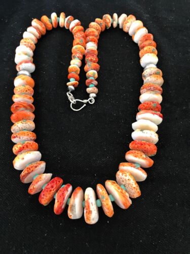Navajo Orange Spiny Oyster & Turquoise Necklace | Sterling Silver | Authentic Native American | 22" | 3607