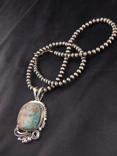 Navajo Blue #8 Turquoise Pendant Necklace Set | Sterling Silver | 2.25" | Authentic Native American Handmade | 10159