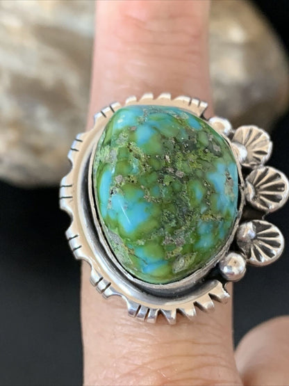 Women's Native American Navajo Sterling Silver Green Sonoran Turquoise Ring | Sz 9.5 | 10422