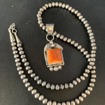 Navajo Orange Spiny Oyster Square Pendant Necklace | Sterling Silver | Authentic Native American Handmade | 13639