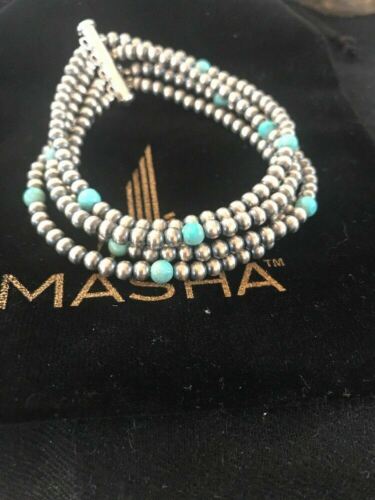 Native American Navajo Pearls Blue Turquoise Bracelet | Sterling Silver | 4-Strand