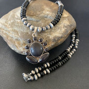 Navajo Pearl Black Onyx Necklace with Pendant | Sterling Silver | 22" | Authentic Native American Handmade | 12279