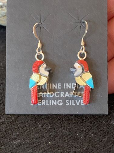 Native American Zuni Parakeet Bird Earrings | Sterling Silver Coral Turquoise | Handmade | 1713