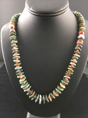 Native American Navajo Green Turquoise Spiny Necklace | Sterling Silver | 28" | 10060