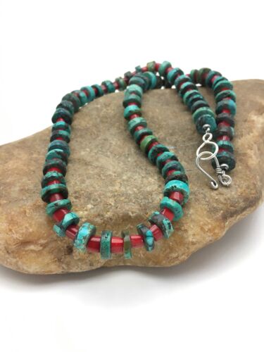 Turquoise Heishi 10mm Bamboo Coral Necklace | Navajo Sterling Silver | Native American Handmade | 20" |