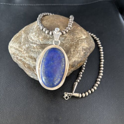 Native American Men's Navajo Pearls Necklace Pendant | Sterling Silver Lapis | 14466