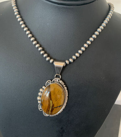 Men's Navajo Pearls Necklace | Sterling Silver | Coffee Tiger's Eye Pendant | Authentic Native American Handmade | 1541