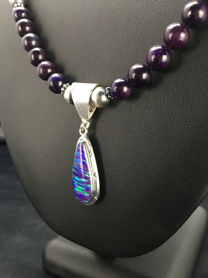 Navajo Purple Sugilite Necklace with Opal Pendant | Sterling Silver | 23" | Authentic Native American Handmade | 2794