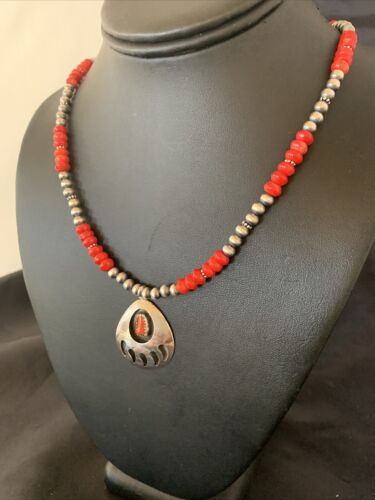 Navajo Bear Paw Red Coral Pendant Necklace | Sterling Silver | Authentic Native American Handmade | 11695