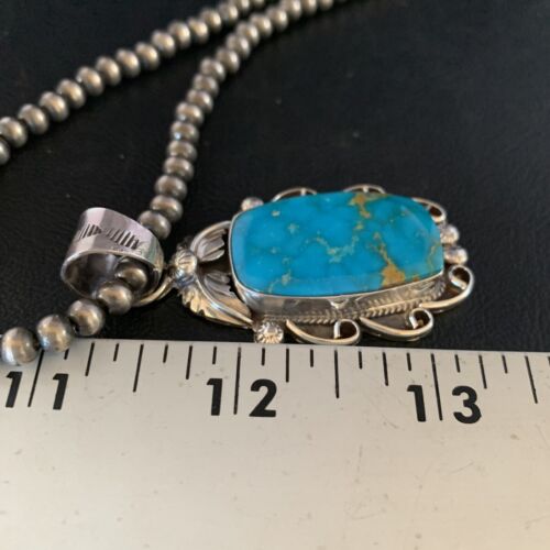 Men's Navajo Blue Kingman Turquoise Pendant Necklace | Sterling Silver | Authentic Native American Handmade | 13665