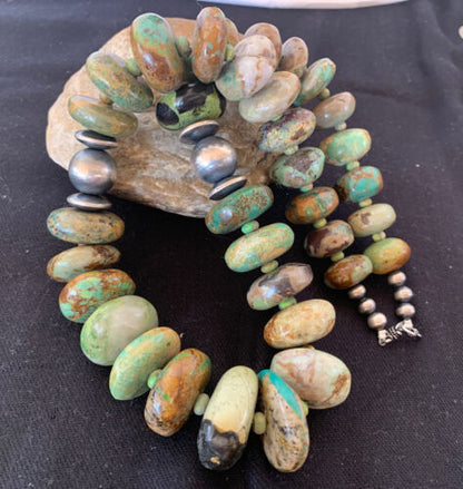 Navajo Pearl Sterling Silver Graduated Natural Green Turquoise Necklace | Authentic Native American | 23" | 00729