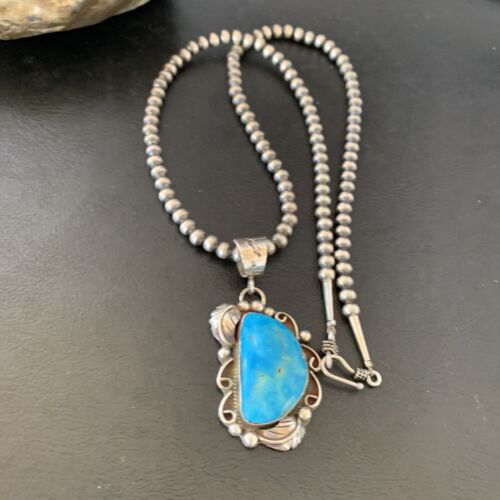 Native American Sterling Silver Blue Kingman Turquoise Necklace Pendant | Women's | 10901