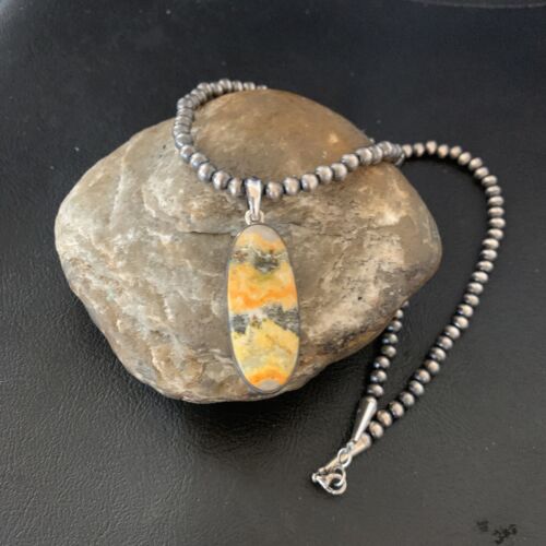 Navajo Yellow Bumblebee Jasper Pendant Necklace | Sterling Silver | Authentic Native American Handmade | 12810