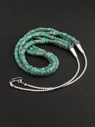 Native American Sterling Silver 3-Strand Turquoise Heishi Necklace | 27" | 6mm Beads | 1138 - Masha USA