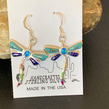 Navajo Dragonfly Turquoise Spiny Opal Inlay Earrings | Sterling Silver | 1" | Authentic Native American Handmade | 12016