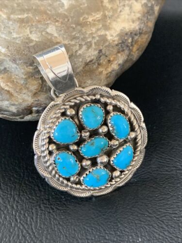 Navajo Blue Kingman Turquoise Cluster Pendant | Authentic Native American Sterling Silver | Multi-Stone | 2" | 02095
