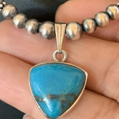Navajo Pearl Necklace with Blue Kingman Turquoise Pendant | Sterling Silver | Authentic Native American Handmade | 12551