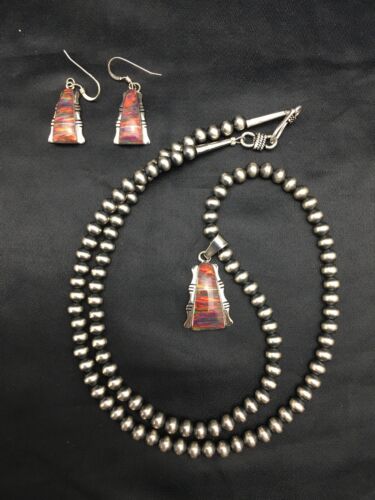 Navajo Opal Inlay Pendant Necklace & Earring Set | Sterling Silver | Authentic Native American Handmade | 3075