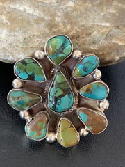 Navajo Green Turquoise Multi-Stone Cluster Ring | Authentic Native American Sterling Silver | Sz 11 | 02195