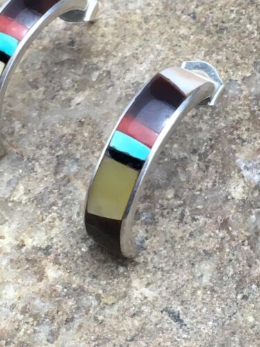 Navajo Mother of Pearl Onyx Turquoise Inlay Earrings | Sterling Silver | 0.8" | Authentic Native American Handmade | 1068