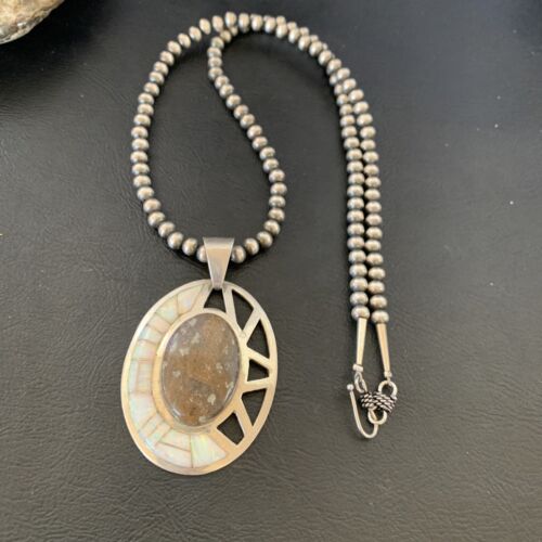 Navajo White Opal Inlay Jasper Pendant | Sterling Silver | 2.5" | Authentic Native American Handmade | 12271