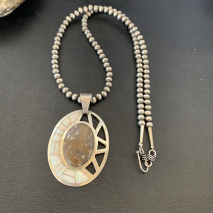Navajo White Opal Inlay Jasper Pendant | Sterling Silver | 2.5" | Authentic Native American Handmade | 12271