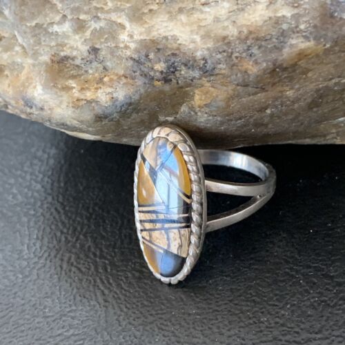 Navajo Black Onyx Coffee Tigers Eye Inlay Ring | Sterling Silver | Sz 8.5 | 10733