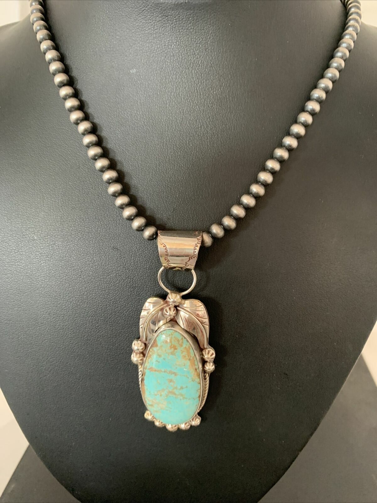 Men's Navajo Pearls Necklace Pendant | Sterling Silver | Blue Turquoise #8 | Authentic Native American | 906