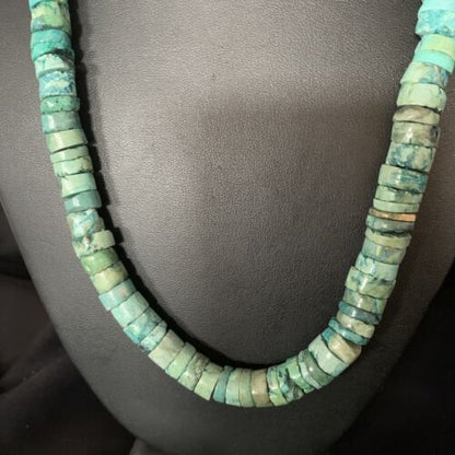 Native American Green Turquoise Heishi Bead Necklace | 12mm | Sterling Silver | Handmade | 22" | 13570 - Masha USA